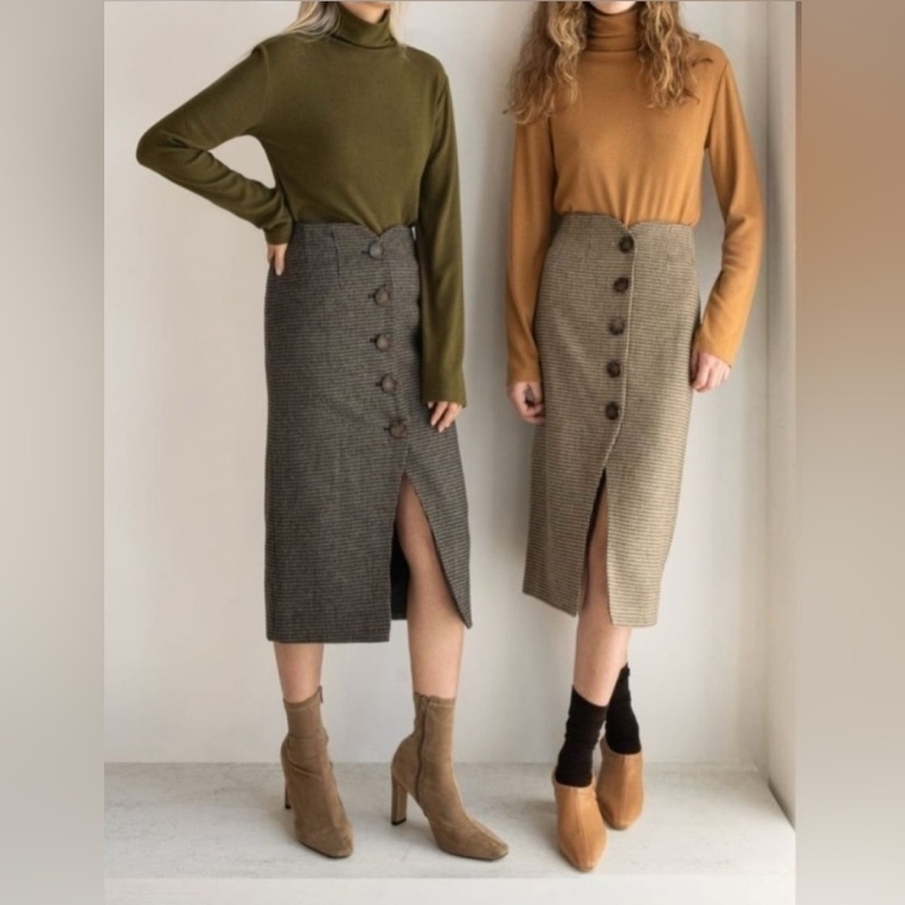 Oak + Fort Houndstooth Midi Wool-Blend Skirt
